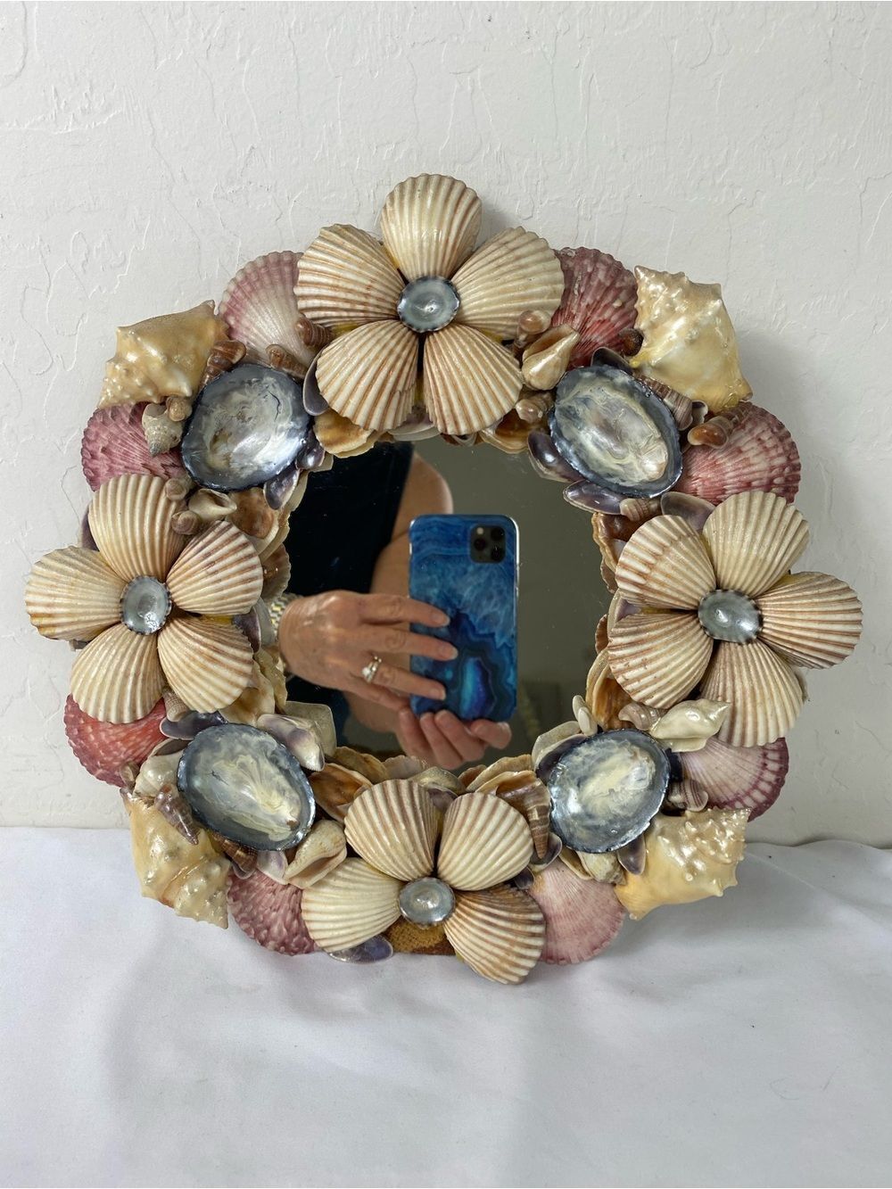 VTG 70s Coastal Shell Flower Wall Mirror - Pink & Cream Accents